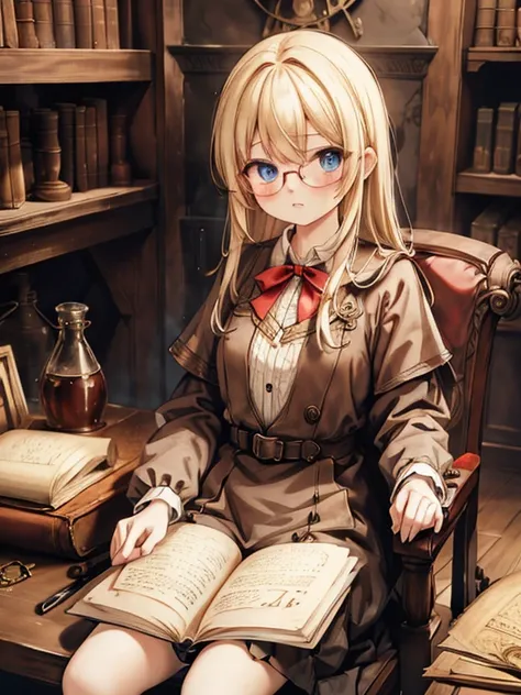 masterpiece, Highest quality, Very detailed, 8k, Ultra-high resolution, Cowboy Shot, One , Detailed face、Perfect Fingers, blue eyes, Glasses, blonde, Long Hair, Braiding, Red ribbon on head, Lace dress, Luxurious Western-style building, library, Bookshelf,...