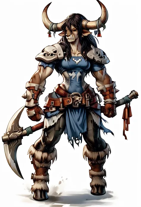 a anthropomorphic female furry tauren/minotaur buff,muscular wearing a cool outfit,stylish,thick,big axe,horns,2000’s style. a s...