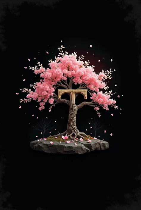 Please make logo ratio 1:1 for mcupload.com but use symbol T only and theme nature tree, cherry blossom petals and some heavy detailed,black background no one.