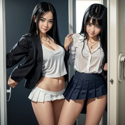 1girl, young teen girl, short girl, (hanabi hyuga), slim body, seducing expression, blue eyes, school uniform, short skirt, skirt lifting showing panties, white thong, wet clothes, long straight hair, open door, black hair, doorway, rubbing eye, black hair...