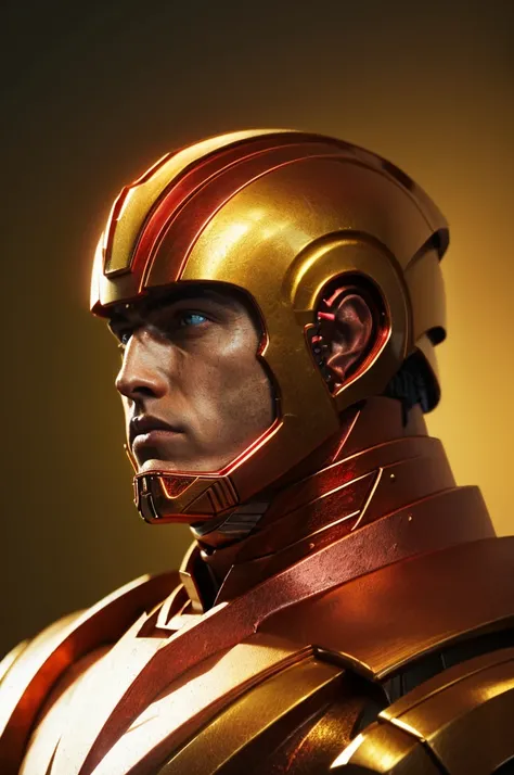 A highly detailed digital illustration of a muscular superhero in a red and gold armor, looking directly at the viewer with a serious expression, helmet removed to reveal a rugged, chiseled face, seamless metallic textures, dynamic lighting, cinematic comp...