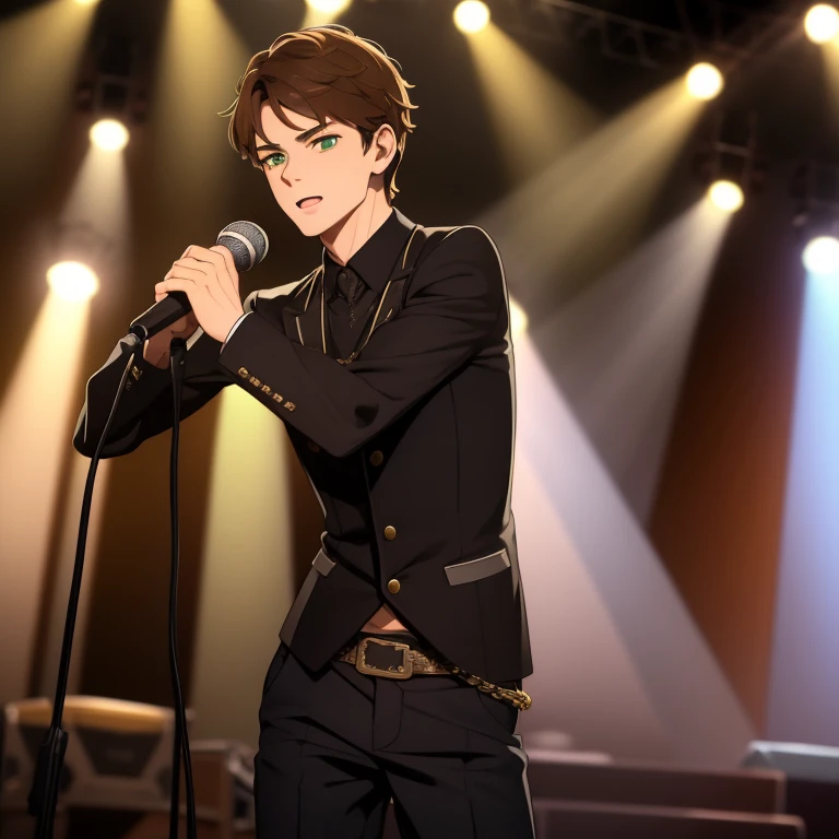 Masterpiece, best quality, high quality, 1boy, Solo, 21 years old, has Short Brown hair, has Green eyes, handsome face, Anatomically correct, slim body, wears a rock band outfit clothes, singing, standing, on the stage, in front of the Microphone, Dark in ...