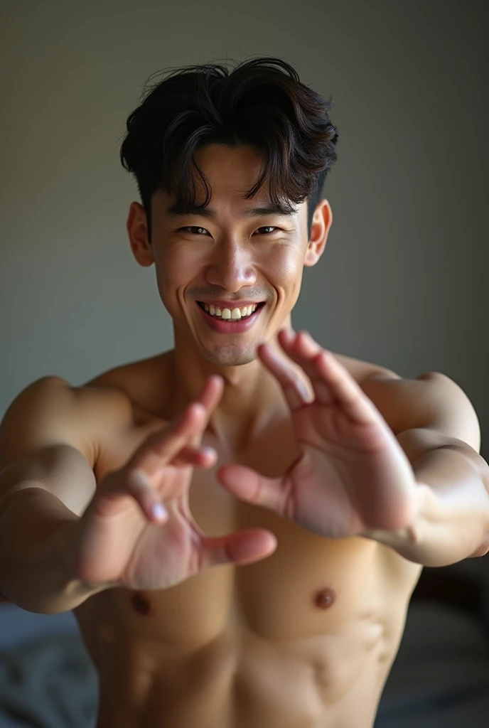 A 29-year-old Korean man standing in front of his bedroom mirror, with his muscular and toned hands and arms, showing the veins clearly marked on his skin. It is possible to see how the man is taking the photograph with his cell phone, with a flirty expres...