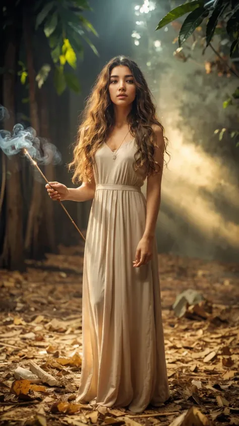 A photorealistic portrait of a singular woman who is at the center of the composition surrounded by vapors.
Her curly hair falls delicately over her face, creating a natural frame. She holds a lit incense stick with perfect fingers, while her reflective ex...