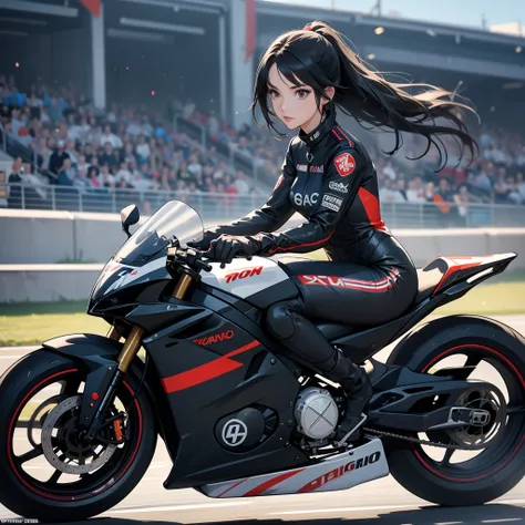 A beautiful female racer wearing a black racing suit, with long black hair, is riding a motorcycle, racing on a racetrack. There are many spectators sitting around watching the race.