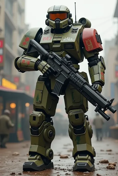 ((Highest quality, 8k, masterpiece :1.3)), 1 Armored Trooper,,Scope Dog , Single-seater Robot, Camouflage painting, Turret Lens, Arm punch,Red shoulder,Gatling Gun,Hit, background：Udo City