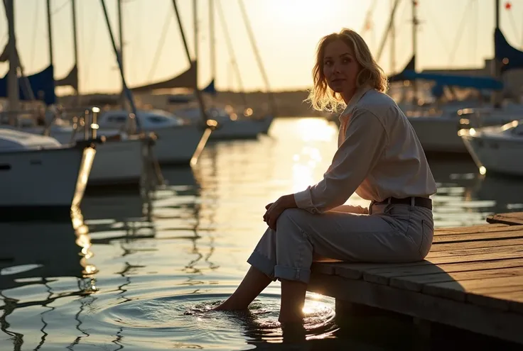 A tranquil scene inspired by the work of Pino Daeni: a contemplative mature female figure sits on a weathered wooden bridge, her feet immersed in the water. Her rolled-up pants give her confidence. In the background you can see a sailing marina with boats ...