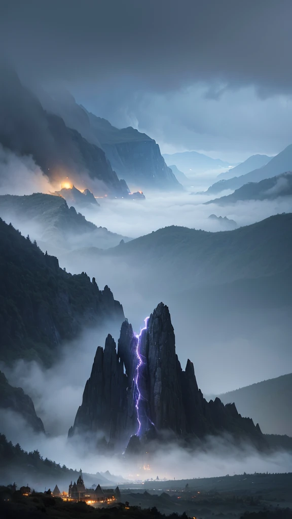 (vue of haut en bas:0.9) of (detailed mountainous terrain in stormy weather with a lone sorcerer casting a spell:1.1), (darkness, Spectacular lighting) (hyper-realistic digital painting:1.25). (grand epic plan:1.1), (head of&#39;artwork, Stunning, high res...