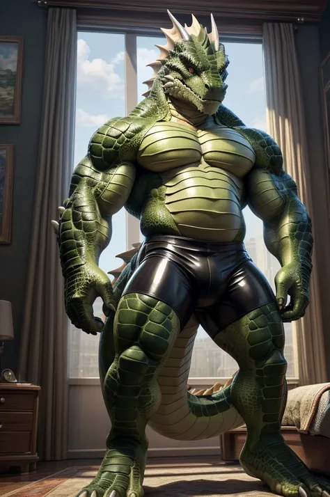 ((( masterpiece, Highest quality, High resolution, Deeply drawn boundaries, 8k, Super detailed))), ((Detailed face:1.2, Detailed eyes)), Lizardman, male , (Muscular), (Latex hot pants), Full body view, (belly scales), Standing with legs apart, Slit pupil, ...