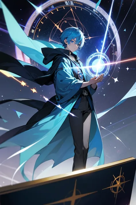 A young man with blue hair and blue eyes, wearing a blue hooded robe, is deploying a giant black magic circle. In the background, theres a distortion of time and space, an asteroid belt, a supernova explosion in his hand, and a giant compass with rune char...