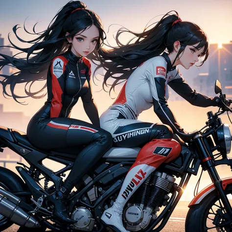 A beautiful female racer wearing a racing suit, with long black hair, is riding a motorcycle, racing on a racetrack. There are many spectators sitting around watching the race, sunrise, close up.