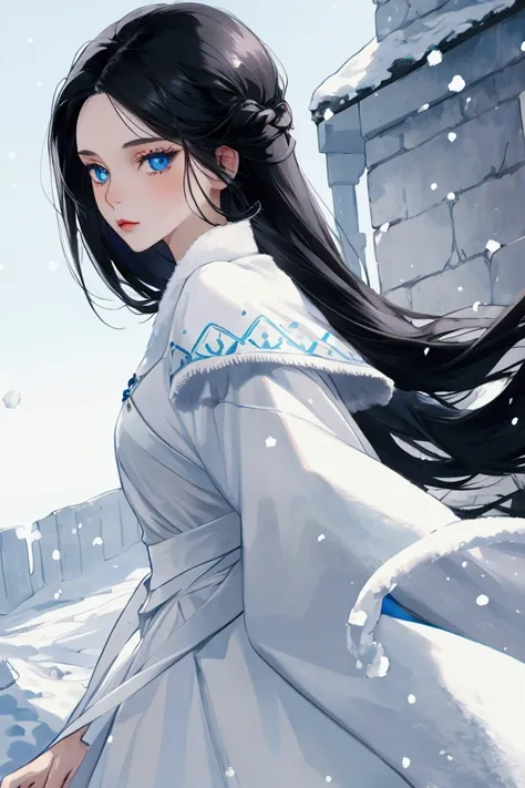 woman, blue eyes, snow-white skin, beautiful, black hair, in Stola, Anime Style