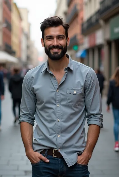 A portrait of an attractive young man with black beard standing on the street, wearing casual and looking at the camera with a friendly smile.