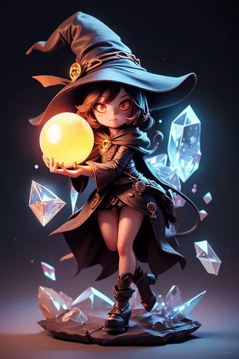 Creating an image of a cat demon wearing a witchs hat, There is a crystal ball for fortune telling placed in front of you.. the image should be high resolution and sharp with beautiful colors. it should have arms, leg, eyes, And the mouth.