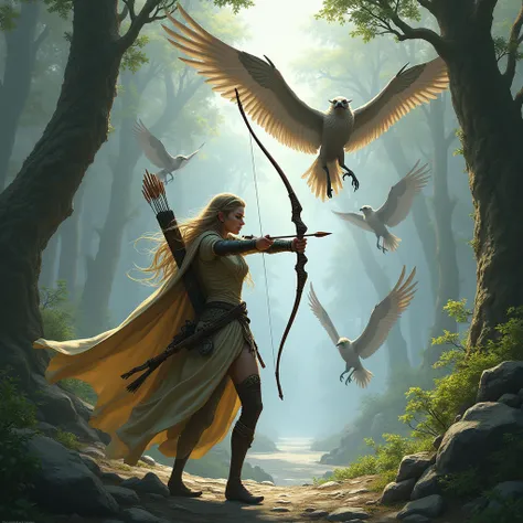 An elf female ranger being attacked by a flock of harpies、Dungeons＆Dragons