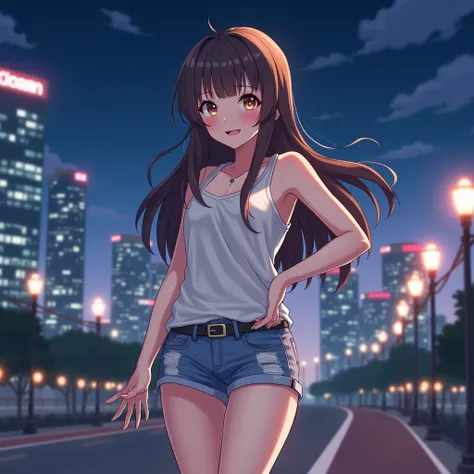 Can you generate an image of an anime girl smiling with a metropolis backdrop at night, wearing summer clothes only?