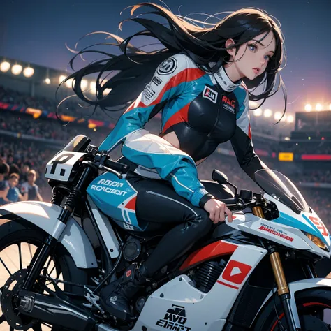 A beautiful female racer wearing a racing suit, with long black hair, is riding a motorcycle, racing on a racetrack. There are many spectators sitting around watching the race, midnight, close up.