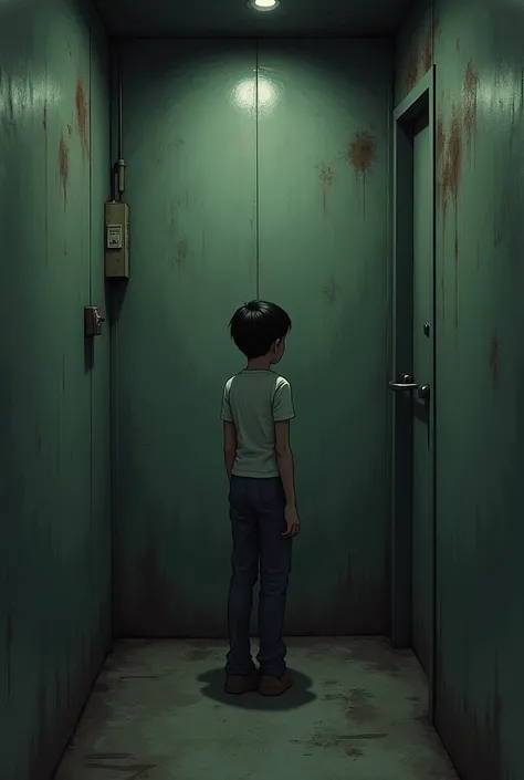 A thin 12 year old boy looks nervous introvert skinny weak and coward. The background is an elevator whos walls are dirty, lighting is poor it is very small as only 3 people can go once