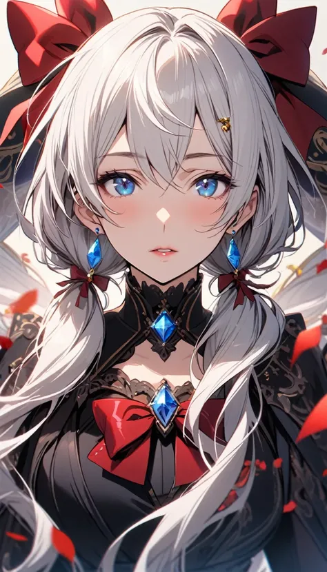 girl, mature, white hair, blue diamond earings, long hair, low twin tails, red bow on hair,  blue eyes, adult. front face, beautiful