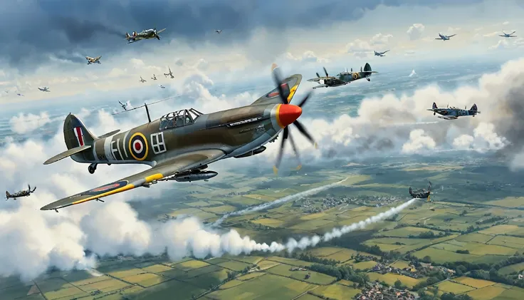 create an ilustration in landscape position with dimensions of 210mm x 90mm depicting an aerial battle during world war ii. in t...