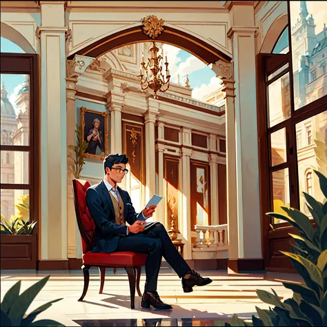 A picture of a guy with glasses inside a classical beautiful house with architectural details. He is sitting on a fancy chair drinking a coffee and admiring the landscape outside of his beautiful classical window. Make the landscape outside so contrasting ...