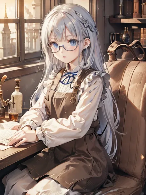 masterpiece, Highest quality, Very detailed, 8k, Ultra-high resolution, Cowboy Shot, One Girl, 8-year-old, Detailed face, Perfect Fingers, blue eyes, Glasses, Silver Hair, Long Hair, Braiding, Black Dress, White apron, Luxurious Western-style building, lib...