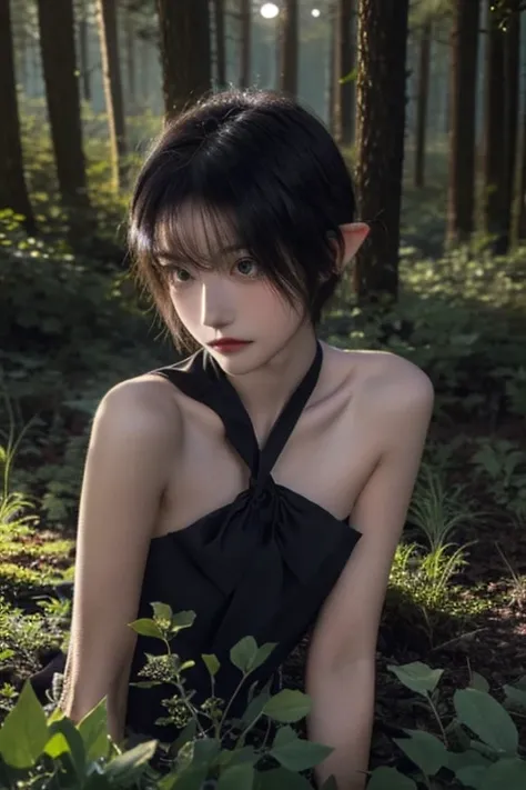 15 year old elf girl, short hair, black color, naked, Skinny body, small bust, bow on the neck, lying on the floor, in the forest at night, starry sky, flowers illuminating, is alone