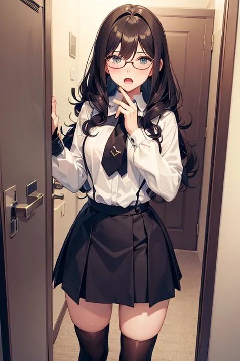 Young man, open mouth broad shoulders, crossdressing, wig long blone curly,  fake breasts, shirt, skirt, knee socks, suprised, scared, shy, modest, looking in the mirror wearing glasses 