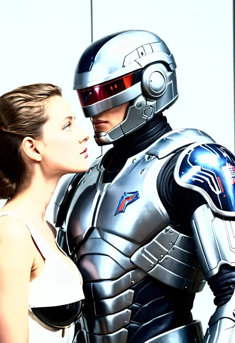 robocop armor, handsome and cool young boy, tall, gets slapped on the cheek by busty beauty