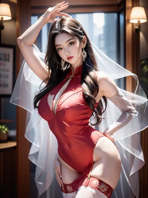 A beautiful woman in a transparent outfit, (Race:Chinese),((night, moonlight, By the coffee shops floor-to-ceiling windows)), (8K Ultra HD, 8K, Ultra-high resolution, best quality, masterpiece, Surrealism, Digital SLR Camera, Soft Light, Bokeh, Masterpiece...