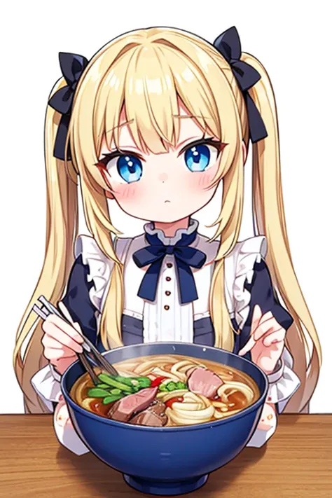 a bowl of beef noodle soup,highest quality,blonde with blue eyes、lolita、small breasts、twin tails、girl&#39;mischief,smile,10 year...