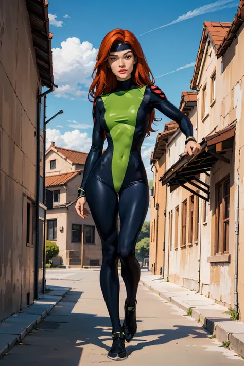 (((full body photo)))  jean grey,long red hair,makeup, green eyes, black headband, green bodysuit,multi colored bodysuit, turtle...