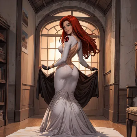 (((full body photo)))  jean grey, ((long red hair, glowing green eyes, lipstick, makeup, narrow waist, skinny, medium breasts, a...