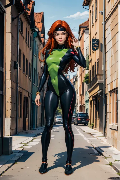 (((full body photo)))  jean grey,long red hair,makeup, green eyes, black headband, green bodysuit,multi colored bodysuit, turtle...