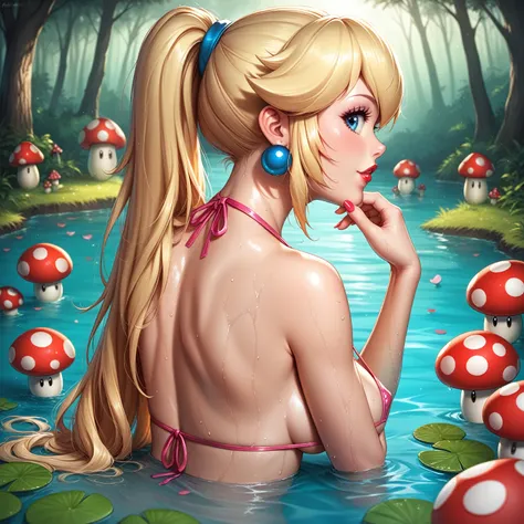 Princess Peach from Super Mario Bros movie, bathing in a lake wearing a pink micro bikini, surrounded by a forest of mushrooms. long wet hair, big eyes, blue eyes, red lips. detailed face, detailed body, sexy body, side focus, seductive body, sensual pose....