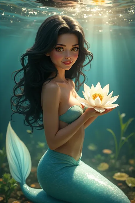 Mermaid with black hair, amber eyes, brown skin and light blue tail. The mermaid must be freshwater and Brazilian in appearance, has to hold a white lotus flower and it has to be a wallpaper.