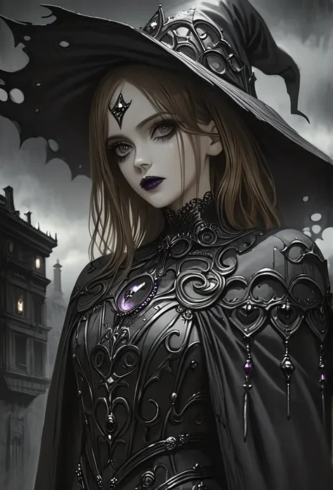 a beautiful witch, Emma Watson, detailed face, beautiful eyes, long eyelashes, detailed lips, intricate costume, dark fantasy, gloomy atmosphere, horror, gothic, moody lighting, dark colors, cinematic, highly detailed, 8k, photorealistic