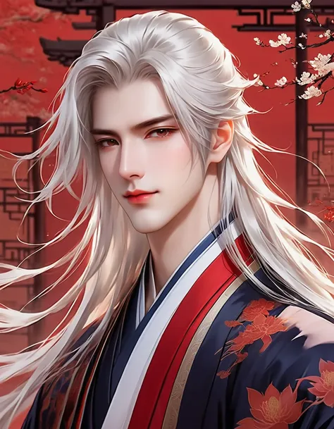 a stunning avatar of an anime male with long hair, hanfu, chinese style background, exquisite facial features, handsome and maje...