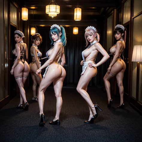 (Full Body of Extremely Detailed((Sexy Maid Group in a row:1.37))), KAWAII perfect face, Reflective Eyes, Detailed(Delicate Clothing textures), Correct Leg Line, Dynamic Joyful Expressions LifeLike Rendering, Specular Reflection, TopQuality 8K Ultra-detail...