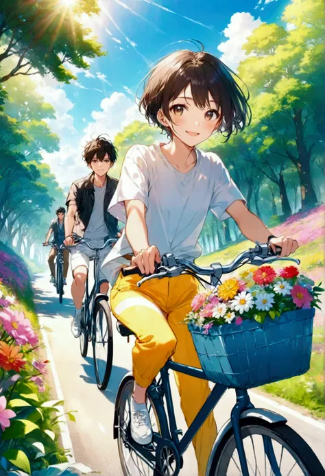 Thin contours、Anime Style、Cool and edgy、 Young couple cycling along a sunlit country road、Blooming Flowers々and surrounded by lush greenery、A happy face shining。bright、Bright colors、Movie angle、High detail、Nostalgic、Fashionable、Pause、colorful、With confidenc...