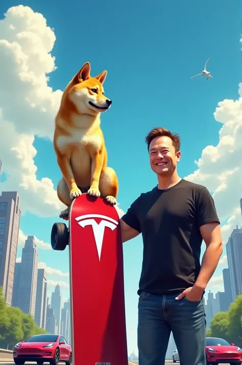 Creat an image of Dogecoin doge with Tesla board and Tesla logo , also a pic of Elon musk with in the pic;