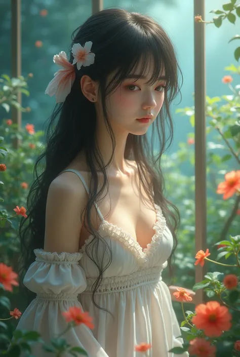 {{{{{3,318 trillion pixels high resolution, nsfw, Realistic scenery and lovely Japanese girl who is moaning madly as her nudity sexual masturbation that traces her sexual zone repeatedly with her fingers in a Cylindrical floral aquarium herbarium, thicken ...