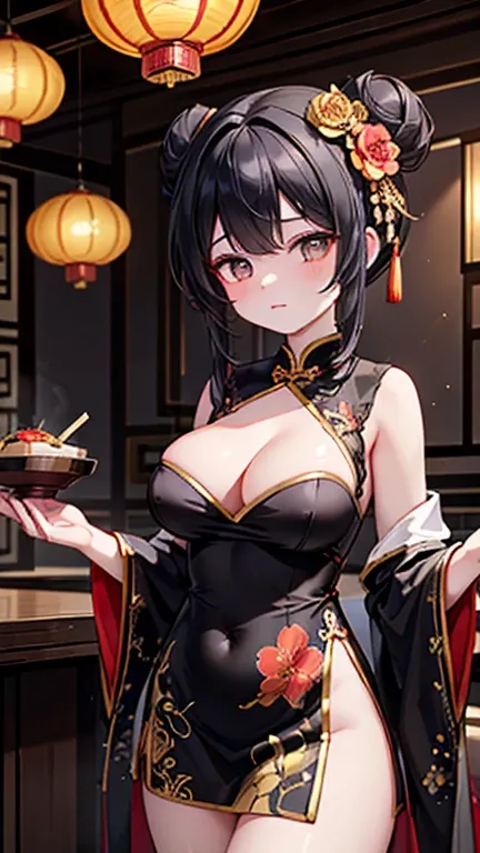 (((masterpiece))),(((Very detailed))),(((In 8K))),(((Black Hair))),(((Rim Light,Fire glow effect,Deep Shadow))),alone,Beautiful and exquisite black eyes,Double bun with sparkly hair accessories,Slender body,((Large Breasts)),((Embarrassing)),Beautiful post...