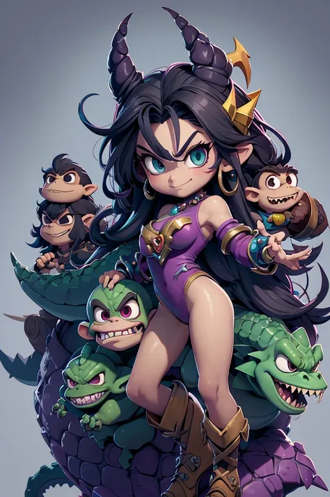 creatura estilo rayman legends and girl, shadown monster, dark monter, demon, big arms, Dragon head, Alligator Head, lizard head, estilo king roll donkey kong