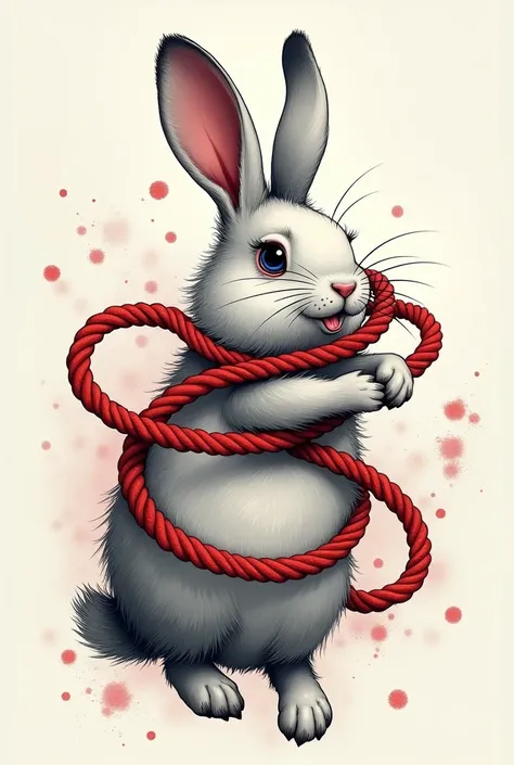 a white rabbit, drawn in black and white.  entangled with red ropes, shibari style, Excited for a tattoo  