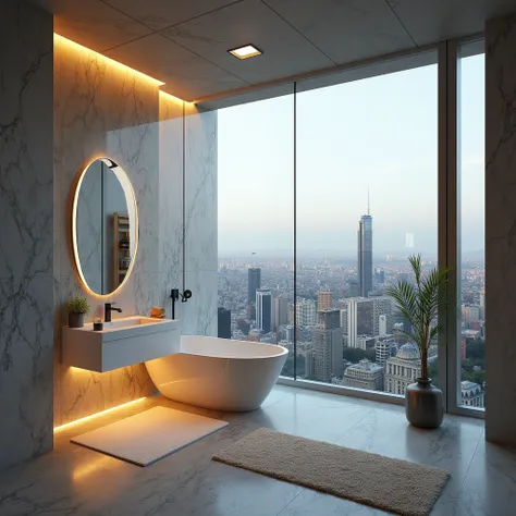 Imagine a crazy shower, which is really luxurious and beautiful with a really awesome view of the city