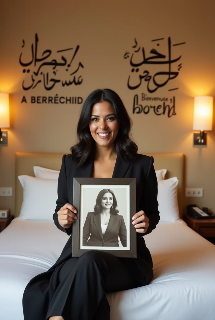 Une femme brune. Les cheveux raides, écartés ou assez écartés du cou, pas longs, de couleurs noirs. Une femme un peu volumineuse par sa forme physique. Assise dans une grande chambre dhôtel, sur un lit de lhôtel, souriante, la tête droite, le regard droit ...