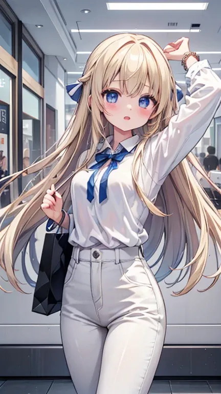 最high quality、Best image quality、masterpiece、and((18-year-old、Best Bust、Large bast,Beautiful Blue Eyes、Wide open chest, blonde、thin,Big Valley、White sweater、White pants、Open your arms、dance、bracelet)）high quality、Beautiful art、With background((Large Shoppi...