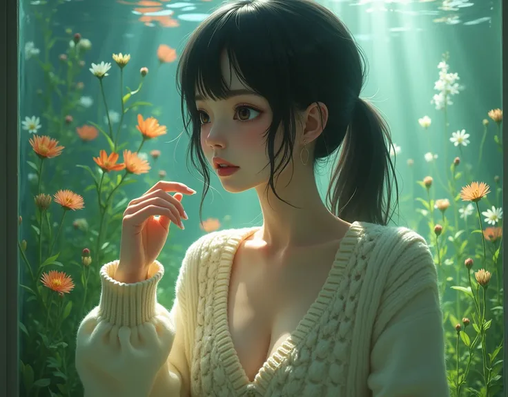 {{{{{3,318 trillion pixels high resolution, nsfw, Realistic scenery and lovely Japanese girl who is moaning madly as her nudity sexual masturbation that traces her sexual zone repeatedly with her fingers in a Cylindrical floral aquarium herbarium, thicken ...