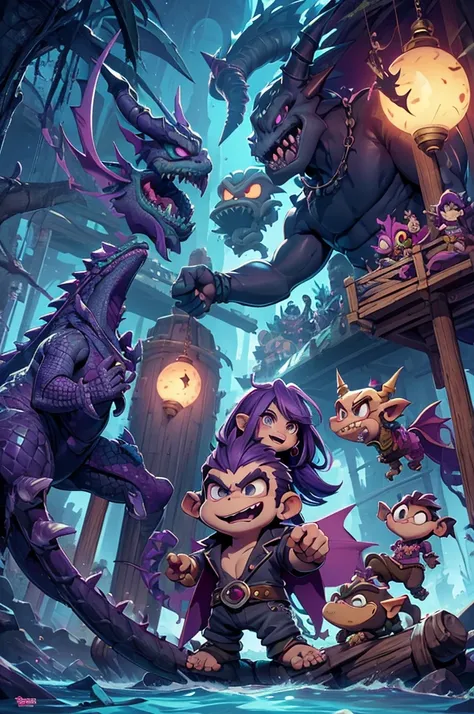 creatura estilo rayman legends and girl, shadown monster, dark monter, demon, big arms, Dragon head, Alligator Head, lizard head, estilo king roll donkey kong